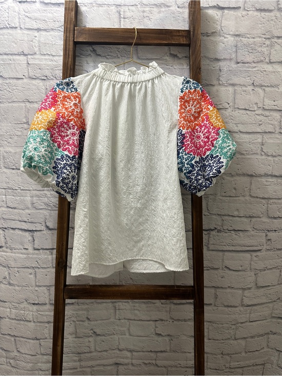 THML Tops - THML White Top with Multicolor Embroidered Puff Sleeves